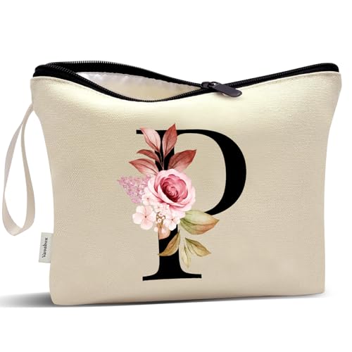 Image of Vavabox A-Z Personalized Makeup Bag, Birthday Gifts for Women Mom, Gifts for Best Friend, Bride Bridesmaid Cosmetic bag (P, Cream Yellow)