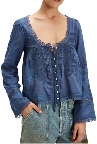 Image of Women Summer Sheer Tie Front Top Y2k Peplum Chiffon Blouse Eyelet Long Sleeve Flowy Lace Beach Cover Up Boho Tops