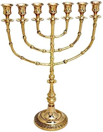 Brass Menorah for Candles & Oil | Tabletop Religious & Decorative Judaica Art | 15" Tall | 7-branched lamp | Sturdy Menorah