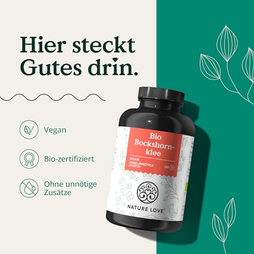Foto von NATURE LOVE® Bio Bockshornklee Kapseln - 240 Stück - Hochdosiert mit 2600mg je Tagesdosis (650mg je Kapsel) - Fenugreek bio zertifiziert - frei von Zusätzen, vegan in Deutschland produziert
