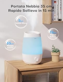 AROEVE Umidificatore Ambiente, 2,5L Umidificatore, 250 ml/h, 25H Diffusore di Oli Essenziali, Spegnimento Automatico, 25 dB Silenzioso per Neonati e Piante, Bianco