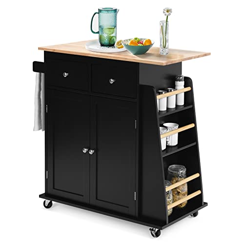 COSTWAY Isla de Cocina con Estante Lateral, Carro de Cocina, 2 Cajones y 2 Puertas, Estante Ajustable, Toallero, Carrito de Servicio de Cocina, 88 x 46 x 89,5 cm (Negro)