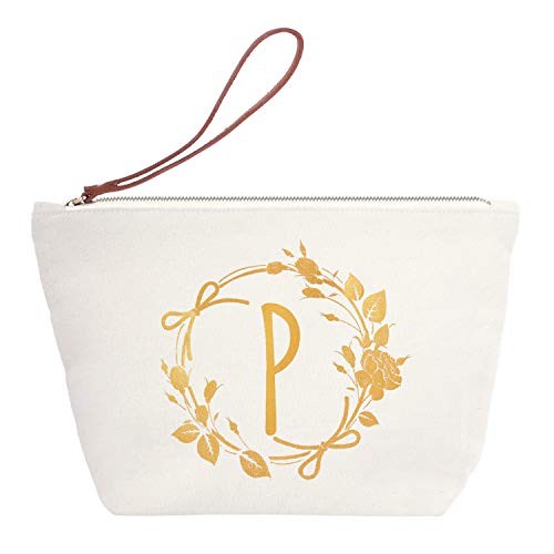 ELEGANTPARK Christmas Gifts for Women Mom Friend Teacher Makeup Bag Monogrammed Makeup Bags with Initials Personalized Gifts for Women Beach Cotton Travel Cosmetic Bag with Zip Letter P