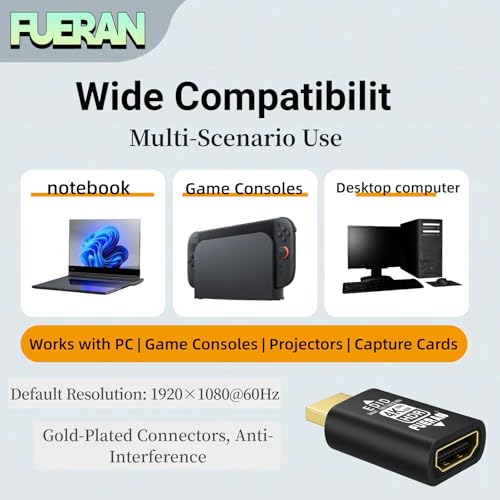 FUERAN HDMI edid Emulator Adapter, 4K(default-1920X1080@60Hz) 1Pack emulators,Reliable Pass-Through for Video Splitters, Extenders, AV Receivers –Plug & Play