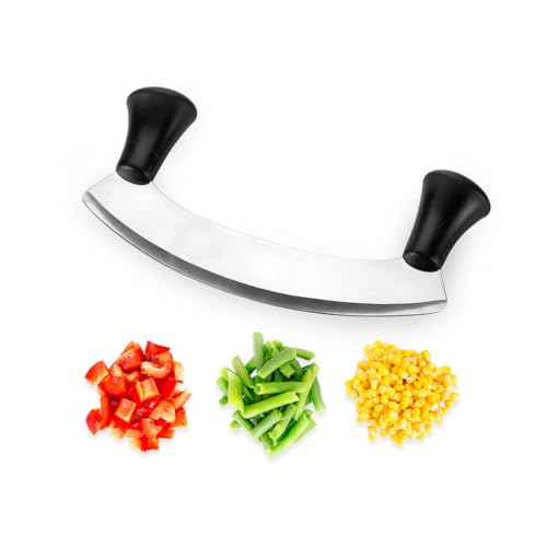 Avilia Mezzaluna in Acciaio Inox 25cm – Precisione e Comfort per Tritare con Facilità - Manici Ergonomici e Sicuri - Facile da Pulire - Ideale per Tagliare Prezzemolo, Aglio, Basilico e Frutta Secca