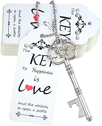 Aokbean 52pcs Vintage Skeleton Key Bottle Opener Rustic Wedding/Party Favors Guest Souvenir Gift Set with Escort Thank You Tag Card and Keychain(Antique Silver)