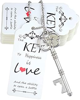 Aokbean 52pcs Vintage Skeleton Key Bottle Opener Rustic Wedding/Party Favors Guest Souvenir Gift Set with Escort Thank You Tag Card and Keychain(Antique Silver)