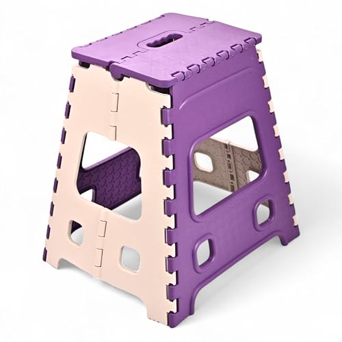 Image of AMEEBA 18 Inch Super Strong Folding Step Stool to Support Adults and Safe Enough for Kids. Opens Easy with One Flip, Great for Kitchen, Bathroom, Bedroom, Kids or Adults (Purple)
