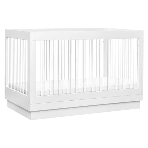Image of Babyletto Harlow Acrylic 3-in-1 Convertible Crib with Toddler Bed Conversion Kit in White with Acrylic Slats, Greenguard Gold Certified