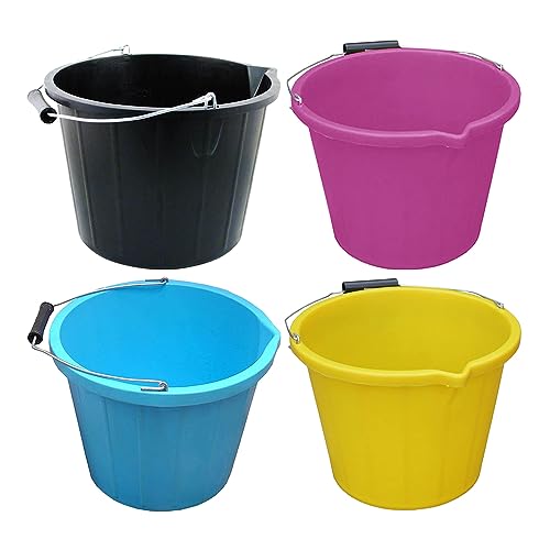 (𝐒𝐞𝐭 𝐨𝐟 𝟒) 14 Litre Plastic Builders Buckets 3 Gallon Water Storage Cement Mixing Bucket with Strong Metal Handle Construction Animal Feeding Car Wash Cleaning Bucket For Home Garden (Random)