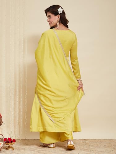 Image of MOKOSH Women's Silk Embroidery Anarkali Kurta Pant with Dupatta | Anarkali Kurta Set | Round Neck Full Sleeve Ethnic Suit | Indian Kurta Outfit with Pant | 3 Piece Outfit