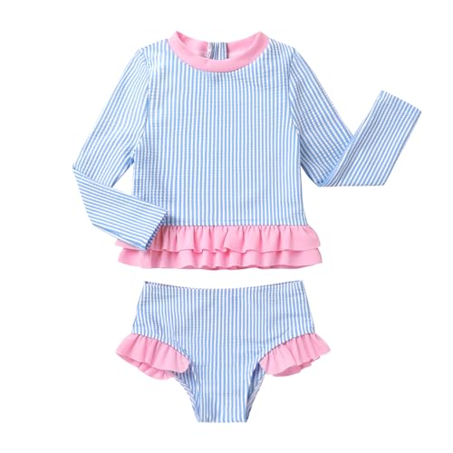 Happy Town - Baby Toddler Girls Swimsuits 2 Piece Long Sleeve Rash Guard Sun Protection - Blue Stripes, 2-3T - Best Deal on Amazon