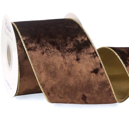 Image of Ribbli Brown Velvet Wired Ribbon 4 Inch Metallic Brown Gold Crushed Velvet Christmas Ribbon for Gift Wrapping Christmas Tree Decoration Crafts Wreaths Supplies-Continuous 10 Yards