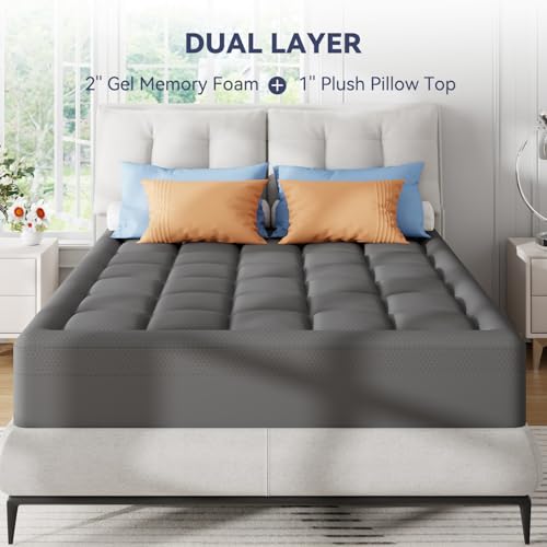 ELEMUSE Dual Layer 3 Inch Memory Foam Mattress Topper Full, 2 Inch Cooling Gel Memory Foam Plus 1 Inch Down Alternative Pillowtop Mattress Pad with Cooling Cover, Soft Comfort Support, Grey — view 6
