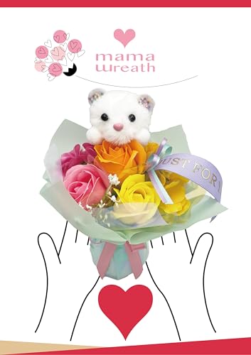 [ クリアバッグ付き D ] フラワーブーケ ギフト 贈り物 花束 誕生日プレゼント 花 誕生日 母の日 母の日ギフト マスコット ふわふわ くま ピンク オレンジ お祝い 花束 インテリア 造花 高さ約21㎝ 幅約18㎝ 奥行き約18㎝ (ソープブーケ オレンジ ラメしろくま (HZD-9486C)) [3]