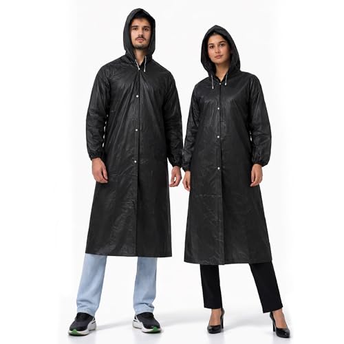 Image of Robustt EVA Reusable Raincoat with Hood (Black) - Pack of 1 | Elasticated Full Sleeves Outdoor Waterproof Raincoat for Men & Women | Rainwear | Button Closure | Knee Length | Universal Fit
