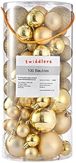 THE TWIDDLERS - 100 Champagne Gold Christmas Baubles Glossy Matte Glitter Designs Xmas Tree Ornaments Party Decorations in Assorted Sizes - 6cm, 4cm, 3cm