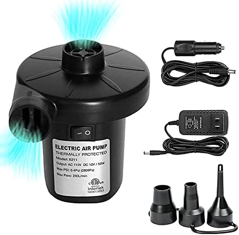 KERUITA Electric Air Pump, Portable Quick-Fill Inflator/Deflator Pump 110V AC/12V DC with 3 Nozzles for Air Mattress Bed, Boat, Pool Float