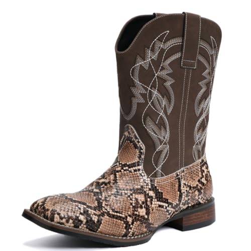 Men's Square Toe Cowboy Boots Faux Snake & Southwestern Embroidery Mid Calf Western Boots Wide Width Available