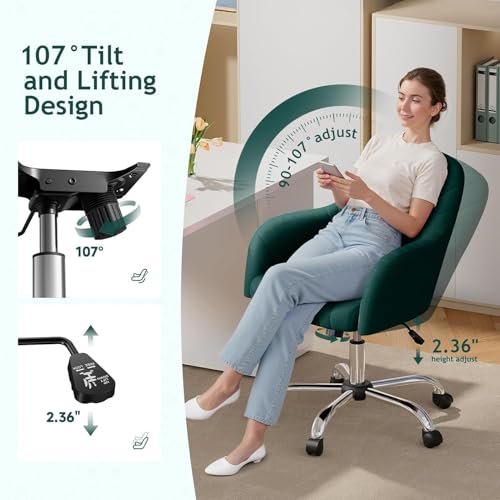 Image of Velvet Desk Chair for Home Office, Adjustable Swivel Task Chair Modern Computer Vanity Chairs with Arm Rest for Bedroom Living Room Make-up Room (Green)