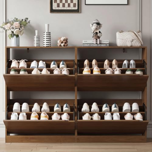 Image of Xixini Shoe Storage Cabinet for Entryway with 4 Flip Drawers, Sturdy Wood Hidden Shoe Storage, Freestanding Narrow Slim Shoe Organizer for Front Door Entrance, Living Room, Hallway, Bedroom, Walnut