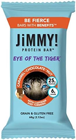 JiMMY! Protein Bar, Caramel Chocolate Nut, Eye of the Tiger, 12 Count - High Performance Energy Bar with Caffeine and Turmeric, Low Sugar, 25g of Protein, High Protein