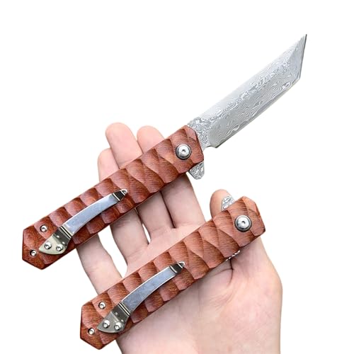 Obespina Couteau Pliant Poche Damas Tanto Style Japonais 67 Couches VG10 lame Tranchante Manche bois Collection Cadeau Homme edc custom luxe acier forge artisanat decoupe camping