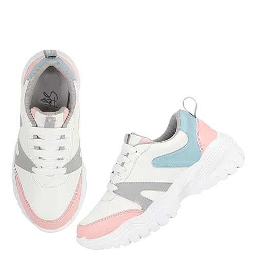 Image of Shoetopia Women's White Chunky Sneakers with Pink & Blue || Accents Casual Lace-Up Sports Shoes for Everyday EU40