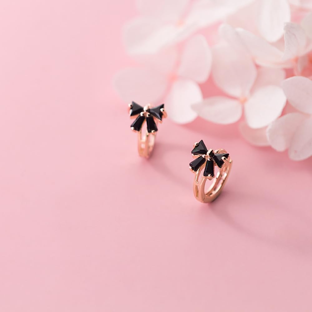 Reffeer Solid 925 Sterling Silver Bow Hoop Earrings Huggie for Women Teen Girls Black CZ Bowknot Hoop Earrings Ribbon Cartilage Huggie