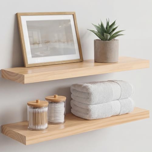 Homeforia 24 inch Natural Floating Shelf High End Solid Real Wood 24inch Small Floating Shelves for Wall Mounted Natural Wooden Floating Shelves Heavy Duty Bracket 24 X 6.5 X 1.75 in Set of 2