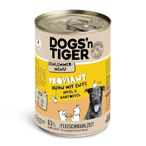 Dogs’n Tiger Adult Hundefutter, Proviant, Hundenassfutter mit Huhn, Ente, Apfel & Kartoffeln - ohne Getreide, Zuckerzusatz, künstliche Konservierungsstoffe, optimale Verträglichkeit, 6X 400g