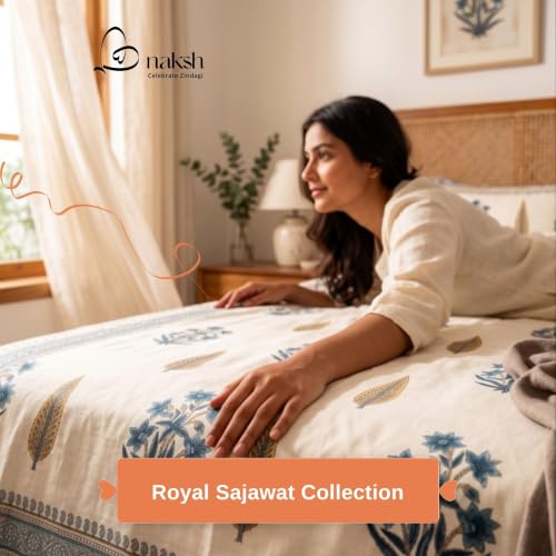 Image of Naksh Bedsheet for Double Bed King Size Blue Floral Block Print 2 Pillow Covers | Block-Print Inspired Design | Ornate Borders Heritage Craft in Bed Sheet Double Bed | Royal Sajawat Collection |