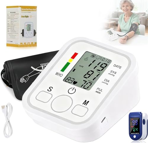Monitor de Presión Arterial Digital con Oxímetro de Pulso y Voz en Español, Pantalla LCD, Brazalete Ajustable, USB Recargable, Medición de Presión Sanguínea y SpO2