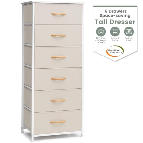 Image of Crestlive Products Tall Dresser for Closet, Vertical Storage Tower - Sturdy Steel Frame, Wood Top, Easy Pull Fabric Bins Handles - Organizer Unit for Bedroom, Hallway, Entryway - 6 Drawers (Beige)