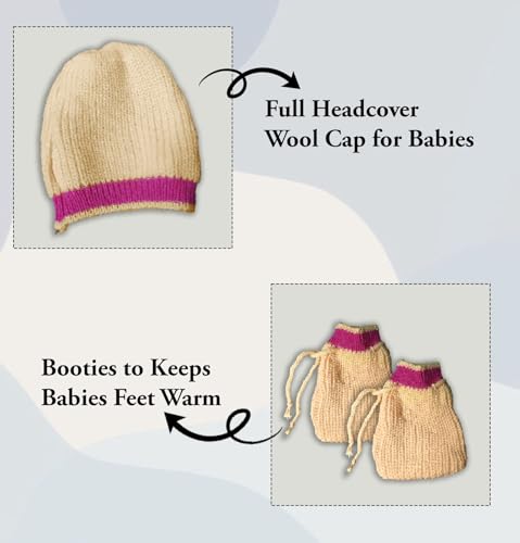 Image of Baby Unisex New Born Baby Boys Girls Soft Comfortable Trendy Woolen Round Neck Stripe Sweater Set with Payjami, Cap and Pair of Booties for Toddlers