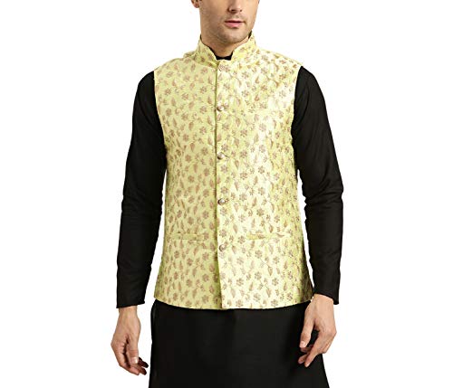 SOJANYA (Since 1958, Mens Silk Blend, Lime Green & Gold Embroidered Nehru Jacket, Size: 40