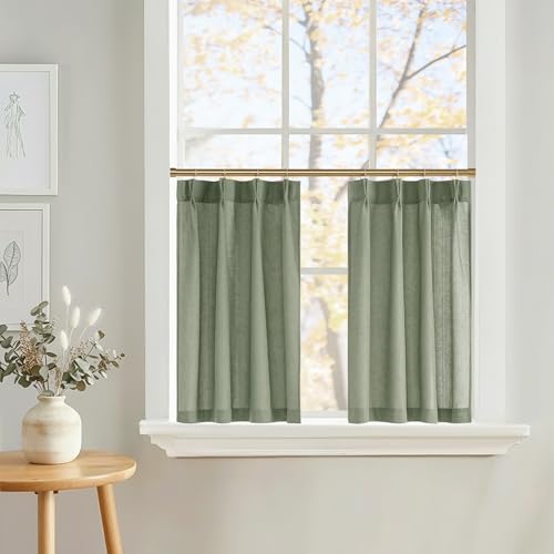 NICETOWN Pinch Pleated Linen Short Christmas Curtains Tiers 36 Inches Long for Kitchen Over Sink, 2 Panels Set Sage Green Farmhouse Light Filtering Sh