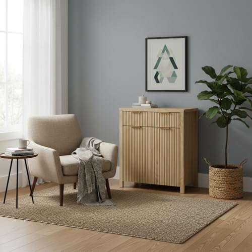Image of Panana 2-Door 2-Drawer Storage Cabinet, Farmhouse Ribbed Style Sideboard for Kitchen, Living Room, Entryway (Oak)