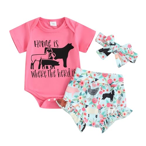 Hnyenmcko Western Baby Girl Clothes Boho Cow Print Short Sleeve T Shirt Top + Bloomer Shorts Set Infant Summer Outfits (Magenta, 3-6 Months)