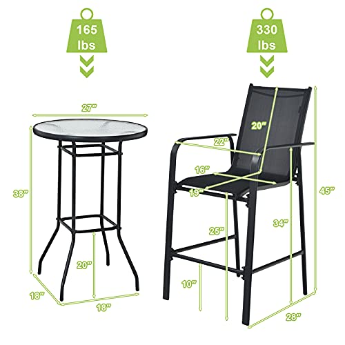 Tangkula 3 Pieces Outdoor Patio Bar Set, Outdoor Bistro Set With 2 Bar Stools And 1 Tempered Glass Bar Table, Bar Height Patio Table And Stools Set For Backyard, Garden, Lawn (Black) #TOP4