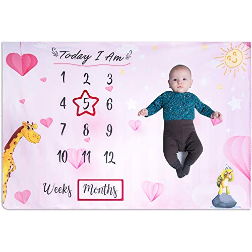 Image of Baby Monthly Milestone Blanket for Boy and Girl - Unisex Month & Year Photo Background Blanket for Newborns, Toddlers and Infants - Photography Memory Blanket & Shower Gift for New Moms - Pink