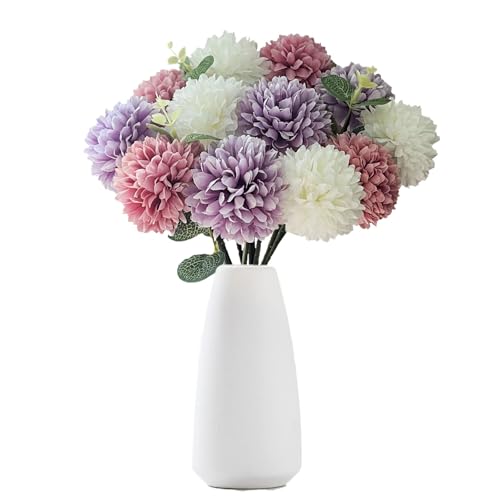 RUMEAVAO 15pcs Artificial Silk Mums Chrysanthemum Flowers with Faux Eucalyptus Stems, Fake Purple White Fuchsia Pompon Mums for Home Wedding Party Decor (12 Chrysanthemum & 3 Eucalyptus)