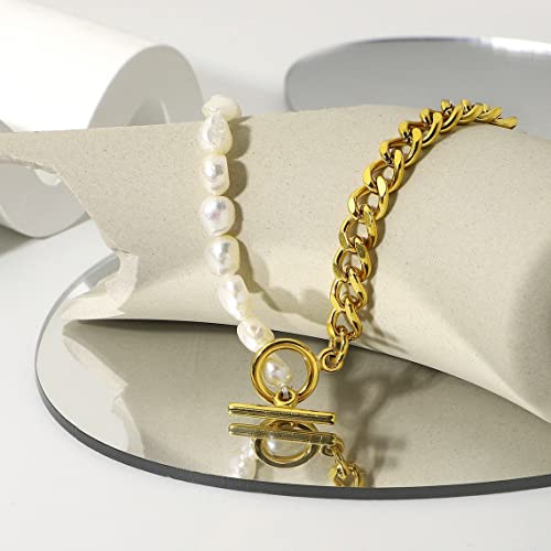 Beriso Pearl Necklaces For Women 14K Gold Plated Chunky Cuban Chain Baroque Pearls Ot Buckle Necklace Personalized Vintage Freshwater Pearl Toggle Necklaces Dainty Jewelry Gift For Women Girl Bridesmaid #TOP5