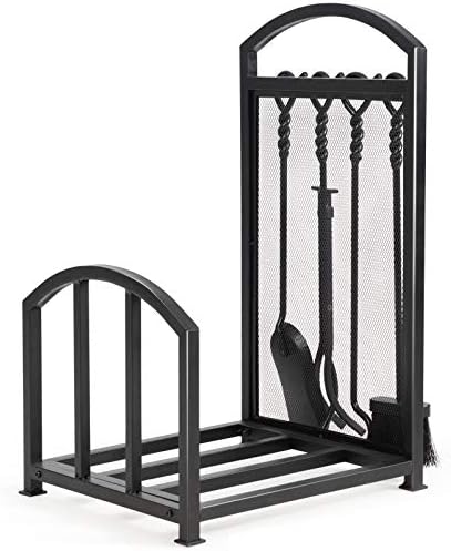 COSTWAY Fireplace Log Rack with Tong, Brush, Shovel and Poker, Iron Fireside Companion Set Firewood Storage Log Holder for Indoor Outdoor