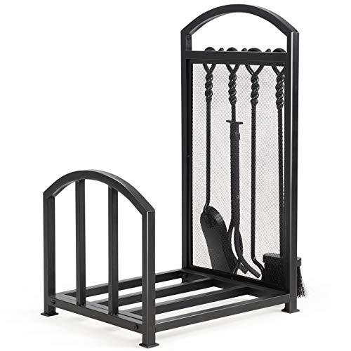 COSTWAY Fireplace Log Rack with Tong, Brush, Shovel and Poker, Iron Fireside Companion Set Firewood Storage Log Holder for Indoor Outdoor (with holder)