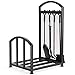 COSTWAY Fireplace Log Rack with Tong, Brush, Shovel and Poker, Iron Fireside Companion Set Firewood Storage Log Holder for Indoor Outdoor (with holder)