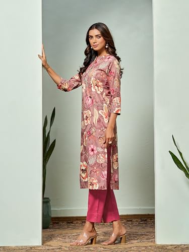 Image of EthnicJunction Cotton Ethnic Women's Straight Floral Print Kurta With Pant Set
