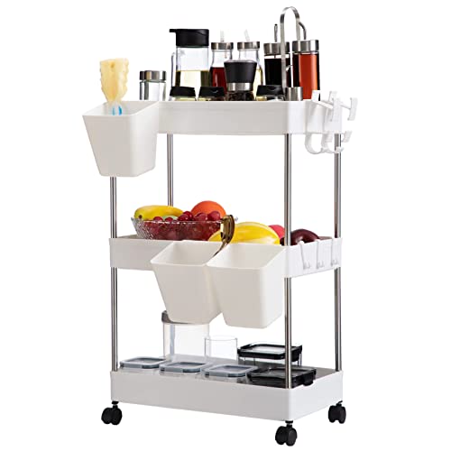 DOEWORKS Storage Trolley Cart, 3-Tier Storage Cart with Wheels Rolling Utility Cart with Hanging Cups Multi-Purpose Storage Shelf Rack for Kitchen Bathroom Bedroom Office, White