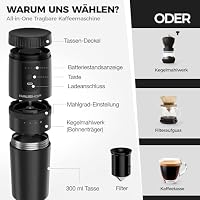 HAUSHOF Elektrische Kaffeemühle, Tragbares Kegelmahlwerk Kabellos in Schwarz mit Integrierter Infusion, Manuelles Kit mit Edelstahlfilter und Thermobecher für Reisen, Camping und Outdoor – Ansicht 2