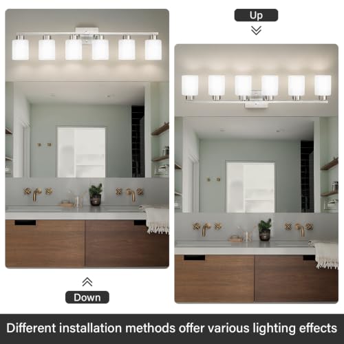 Image of FonmYim Brushed Nickel Bathroom Light Fixtures, 6-Light Modern Vanity Light Over Mirror, Wall Sconces with Milky White Frosted Glass Shades, E26 Socket (Bulbs Not Included)